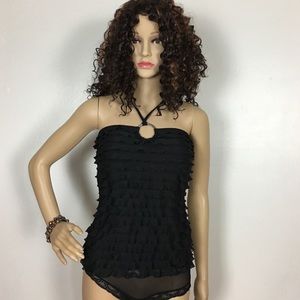 Profile Black Ruffled Halter Top Silver Ring SZ S